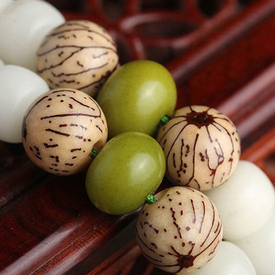 108 White Jade Bodhi Root Carved Lotus Rosary Beads Bracelet