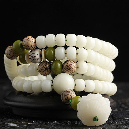 108 White Jade Bodhi Root Carved Lotus Rosary Beads Bracelet