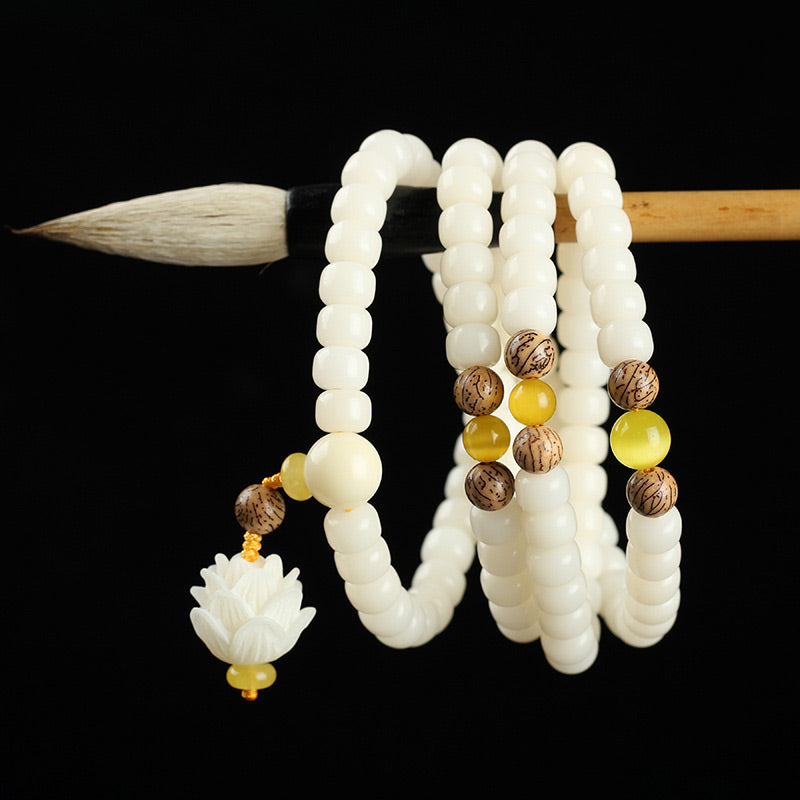 White Bodhi Lotus Mala Healing Necklace Bracelet