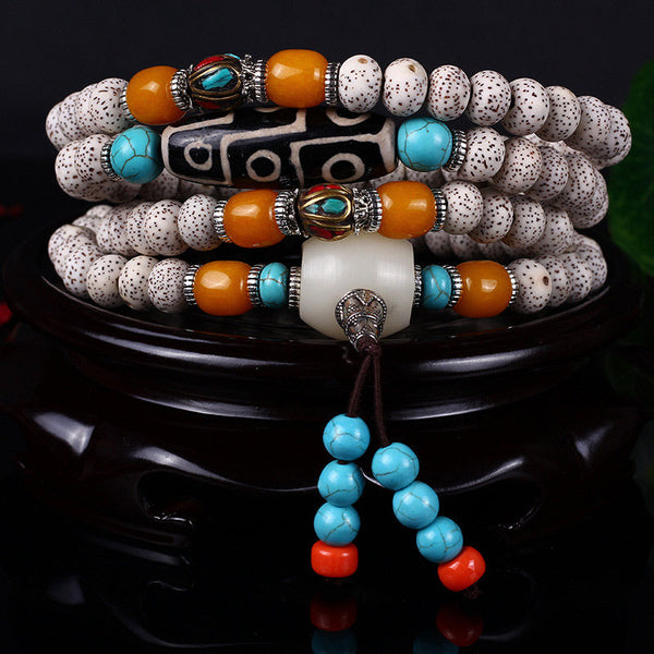 Tibetan Nine-Eye Dzi Bead Mala Bodhi Seed Wealth Bracelet Necklace