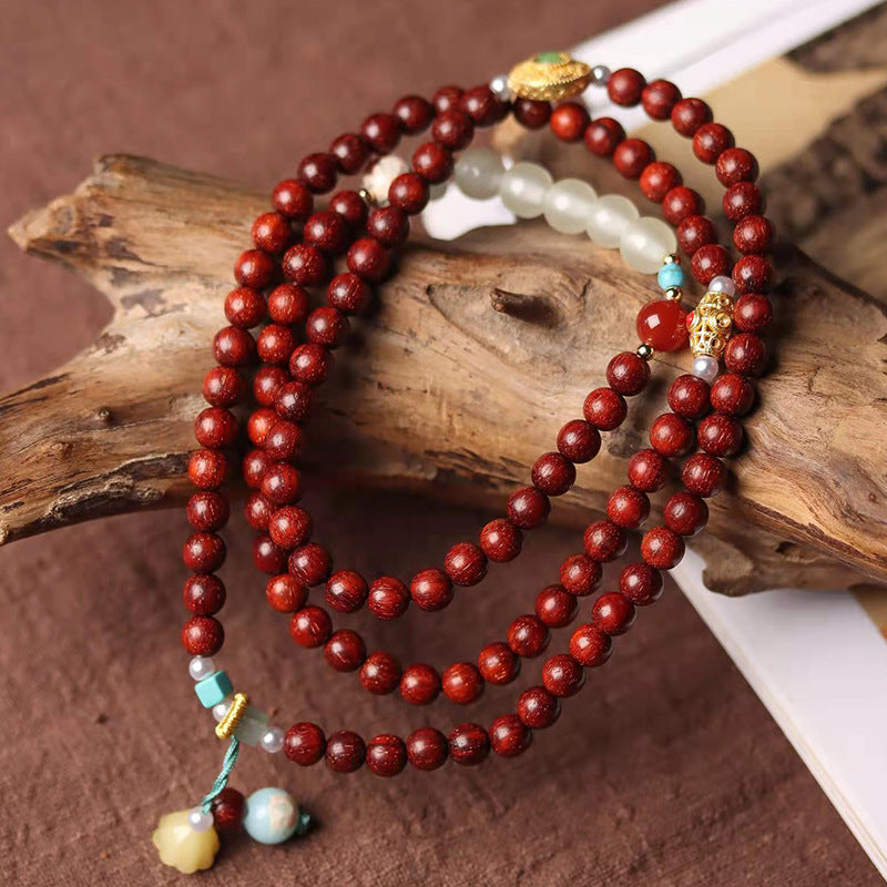 Zambian lobular red sandalwood DIY bell, drum and jade bracelet