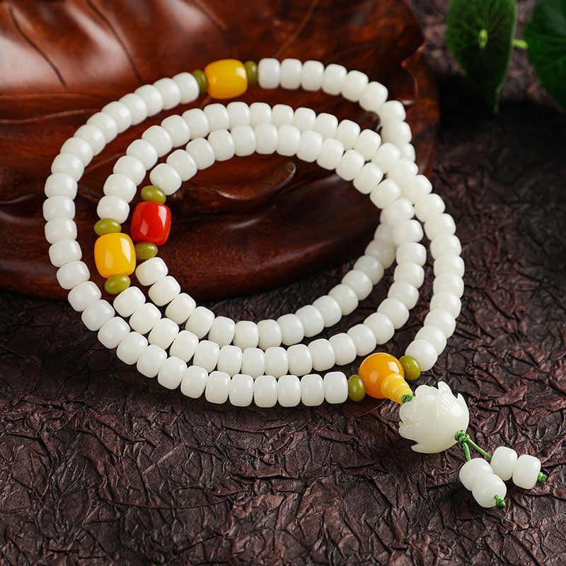 White Bodhi Seed Lotus Mala Healing Necklace Bracelet
