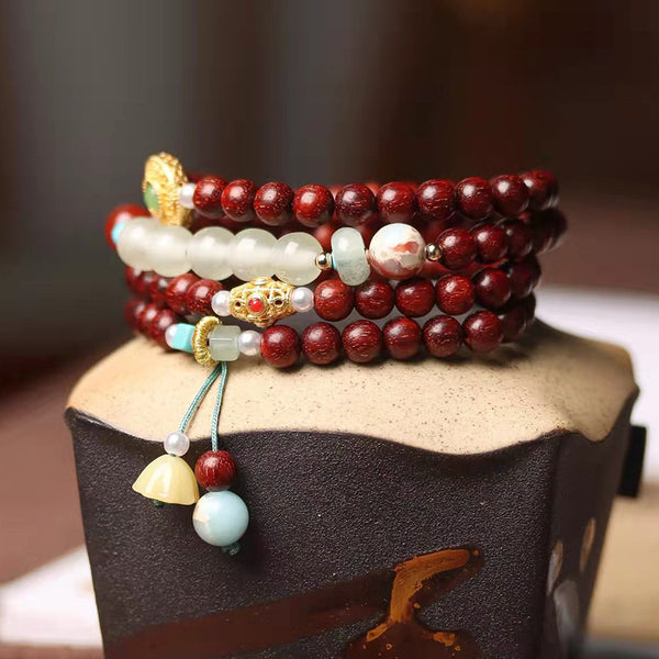 Zambian lobular red sandalwood DIY bell, drum and jade bracelet
