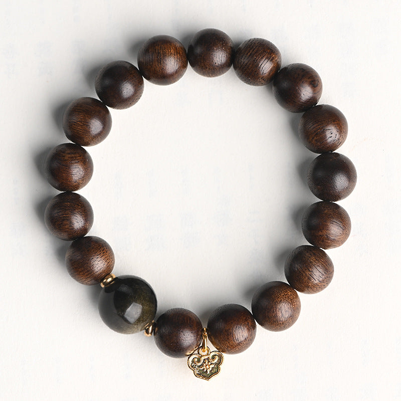 Kalimantan Agarwood Obsidian Sand Gold Prayer Bead Bracelet