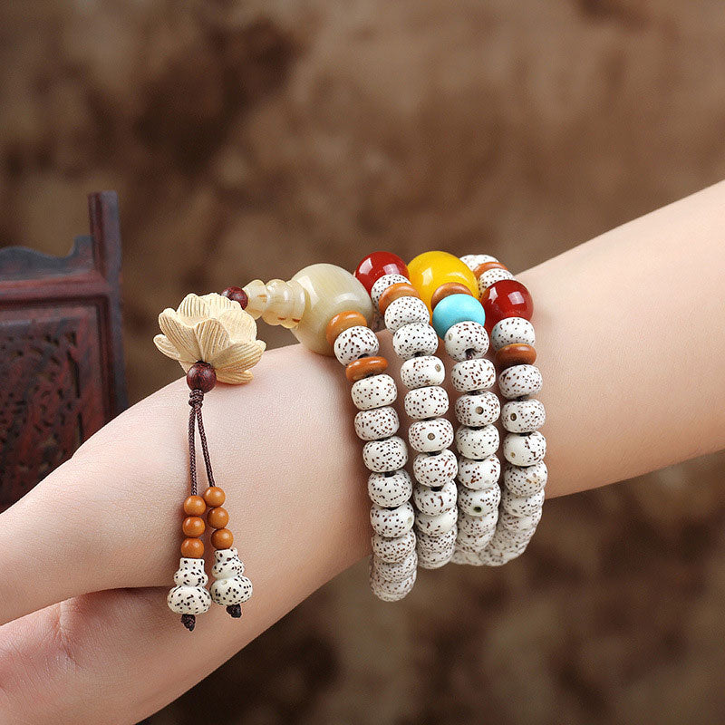 Bodhi Seed Boxwood Lotus Mala Wealth Success Necklace Bracelet