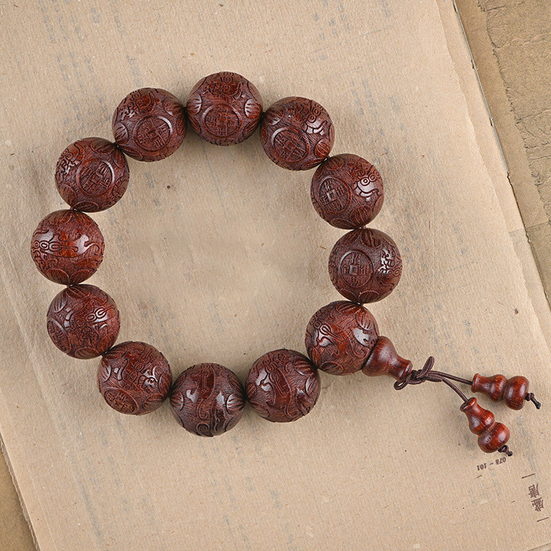 Red Sandalwood Boxwood Fine Carving and Playing Buddha Beads Bracelet