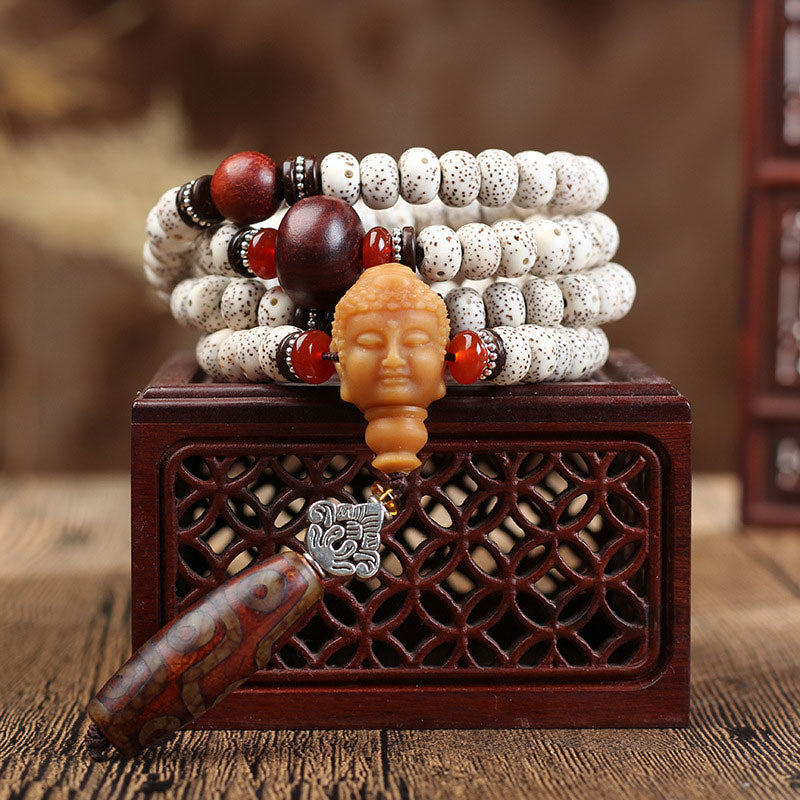 Bodhi Seed Buddha Dzi Bead Red Sandalwood Mala Wealth Necklace Bracelet