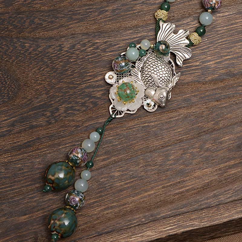 Natural Green Agate Goldfish Luck Success Necklace Pendant